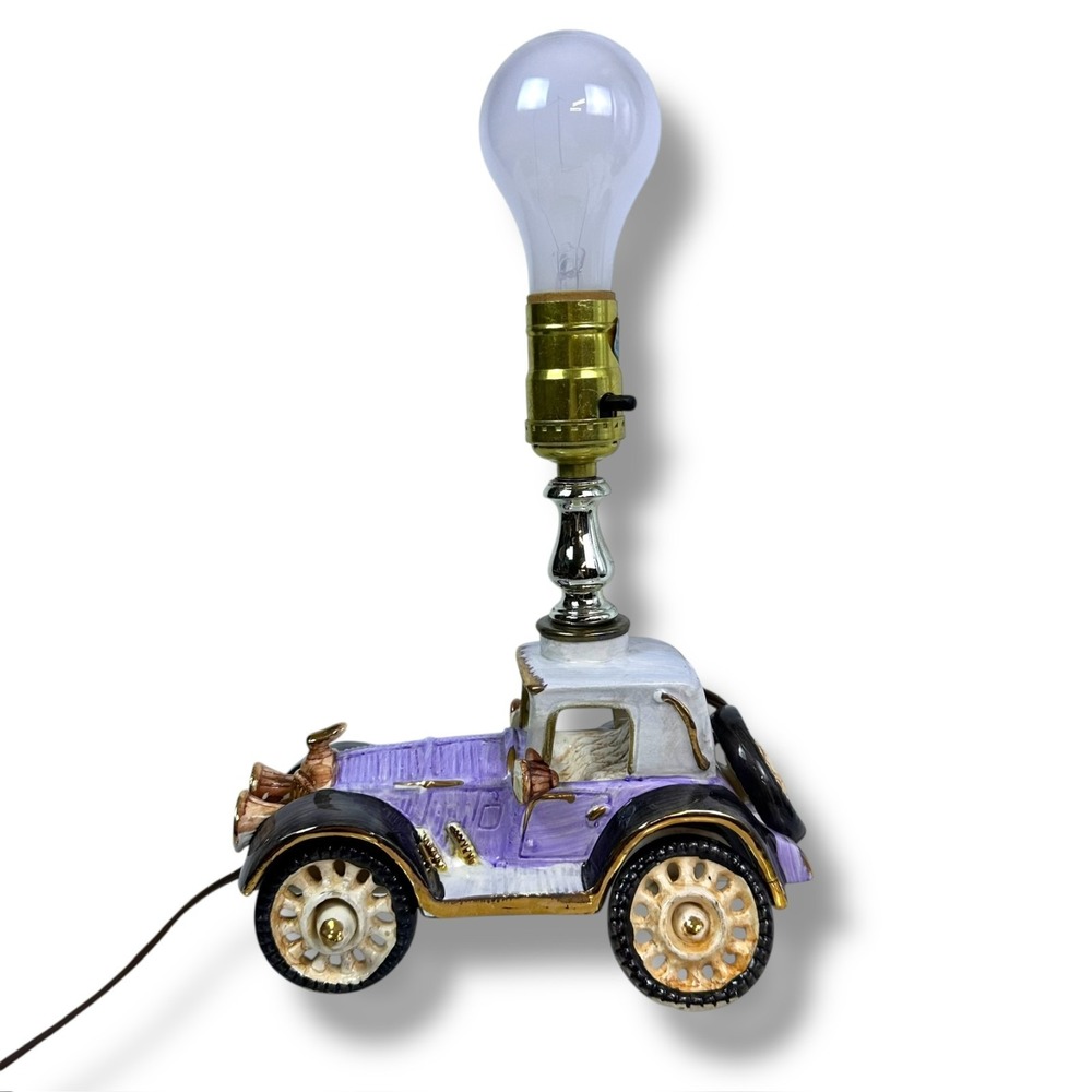 Vintage Ceramic Hand Painted Purple Antique Car Buggy Lamp "Kitschy Folksy"